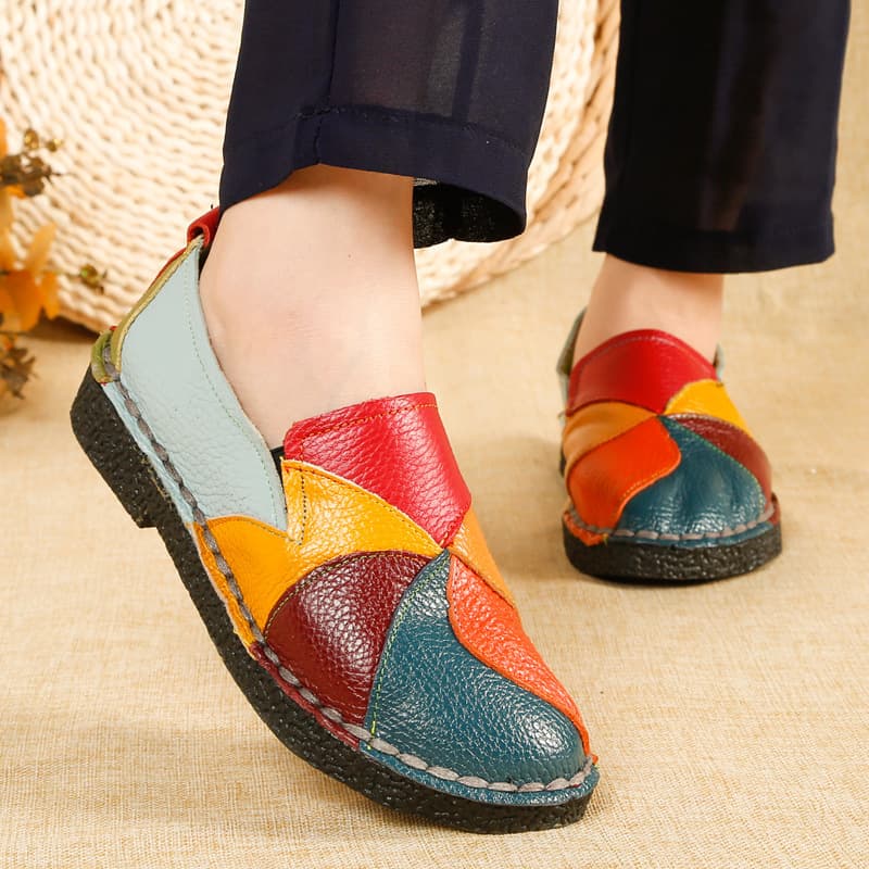 Top Grain Leather New Flat Women's Shoes, Genuine Leather Casual Two-Tone Women's Flats, Middle-Age Mother Shoes Large Sizes Export Shoes