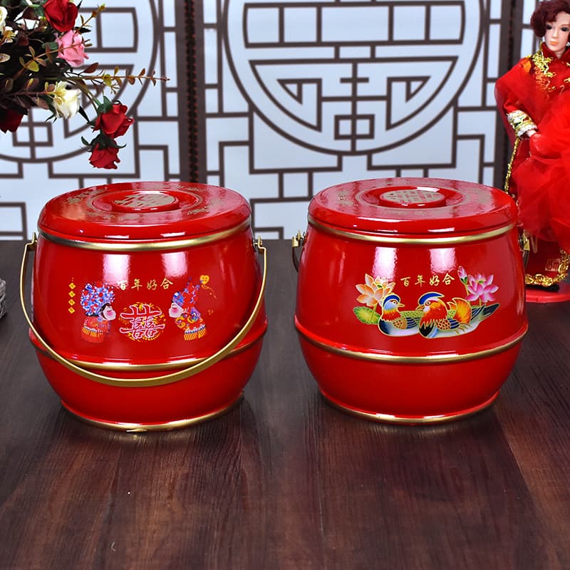 Descendant Bucket Wedding Supplies Descendant Treasure Bucket Wedding Dowry Ornament Wooden Bright Red Manufacturer Mandarin Duck Gift Box Festive
