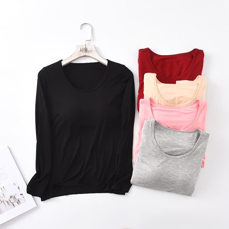 New autumn/winter wholesale modal fabric with built-in padded cups, solid color minimalist women's long sleeve base layer shirt