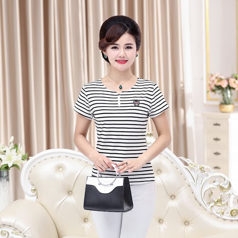 Summer Striped Cotton T-Shirt for Middle-aged and Elderly Women, New Mother's Cotton Top