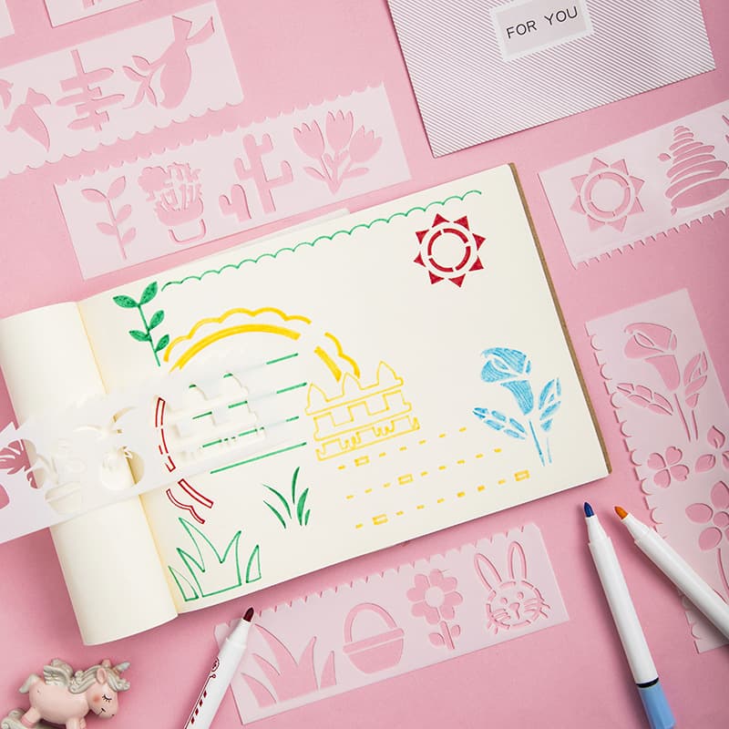 Slim, second-generation drawing templates, 8 designs, 8 templates per set, PET templates for hand-drawn posters, 18.5 x 5.5 cm.