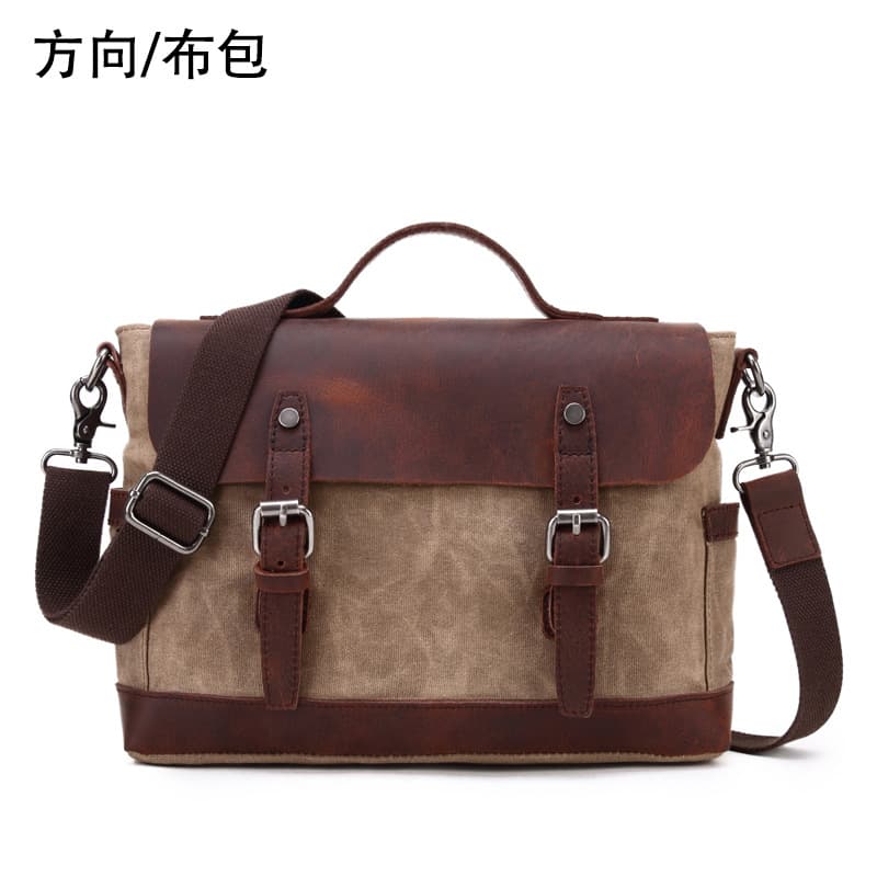 Vintage Men's Waxed Canvas Messenger Bag, Horizontal Crossbody Bag for Students, Notebook, Book, Computer Courier Bag