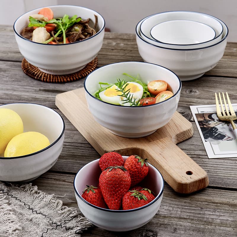 Simple stroke ceramic horizontal pattern bowl household rice bowl soup bowl fruit salad bowl snack bowl dessert bowl double skin milk bowl
