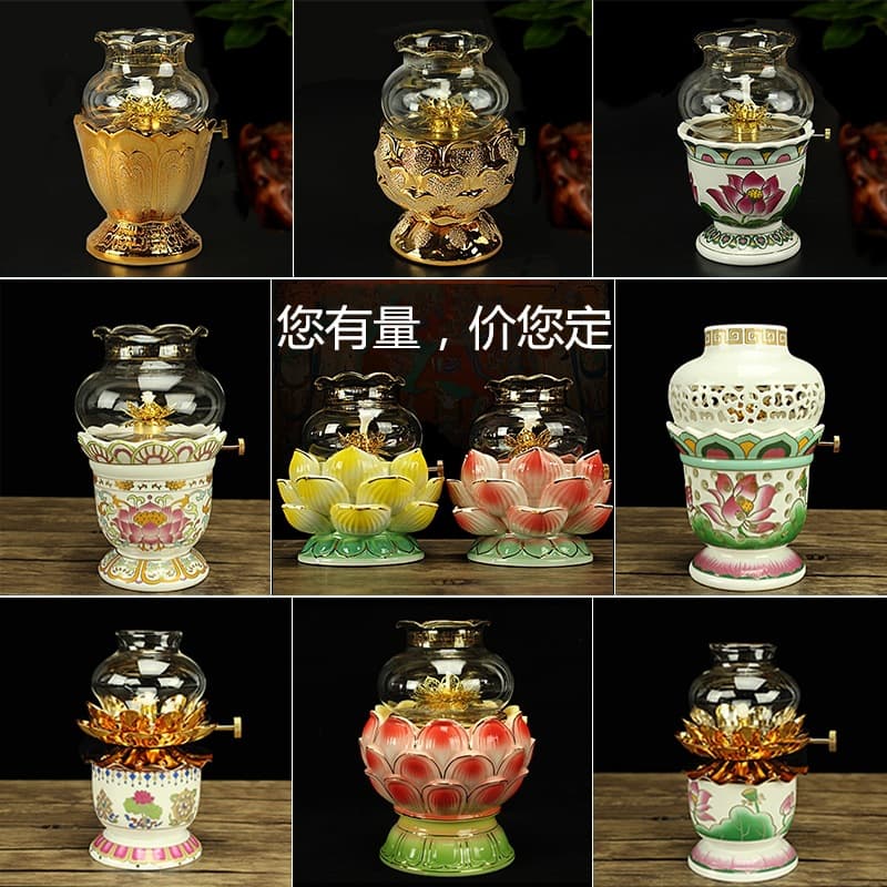 Liquid Ghee Lamp Glass Buddhist Temple Supplies Lotus Lamp Dimmable Windproof Everlasting Lamp Ghee Lamp for Buddha Worship Free Shipping