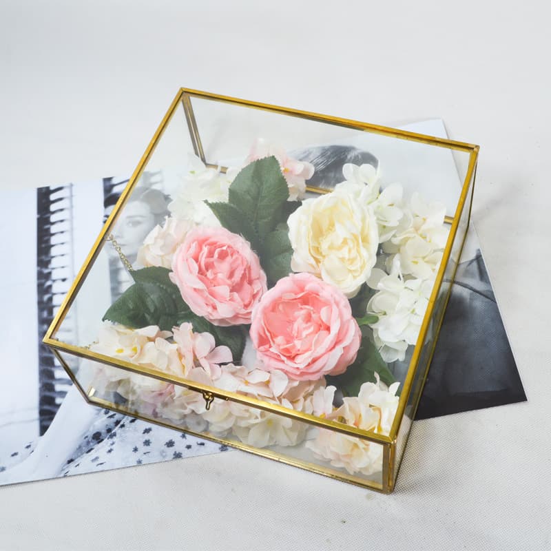 Brass Clear Glass Square Box Decoration Preserved Flower Gift Box Lid Dustproof Storage Box Jewelry Organizer