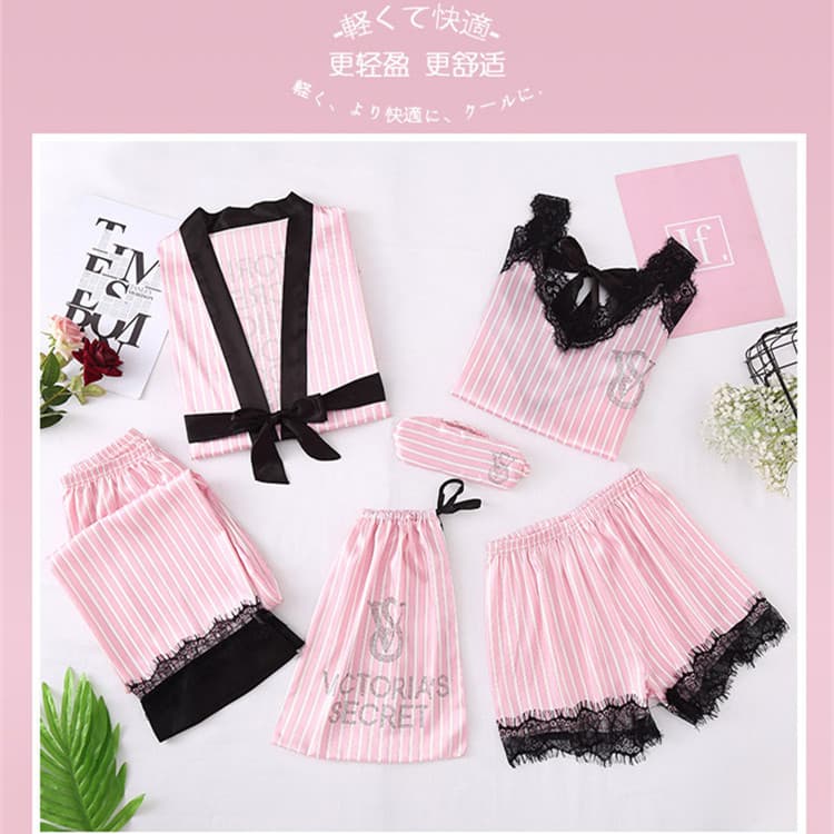 Foreign trade secret style beaded thin section bestie lying down striped silk pajamas feminine lace nightgown permed seven-piece set