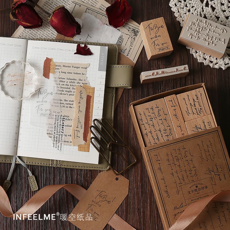 Infeel.Me wooden combination seal text series English log rubber handbag DIY decorative printing 3 types