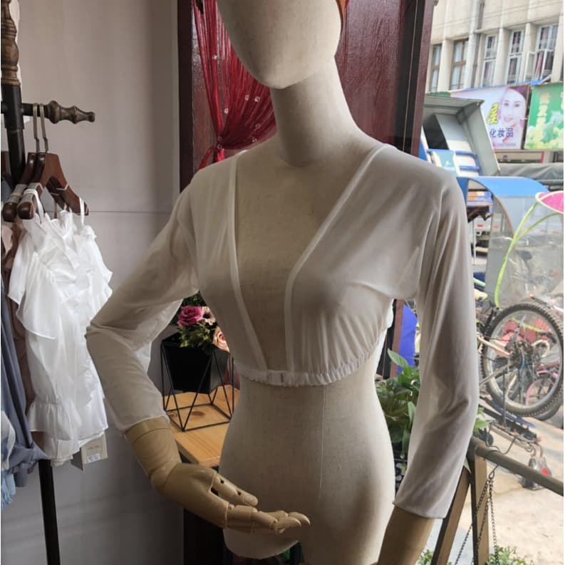 Amazing Arms gauze chest top with front button and navel exposed long sleeve T-shirt base sleeve Black and White 2 in 1