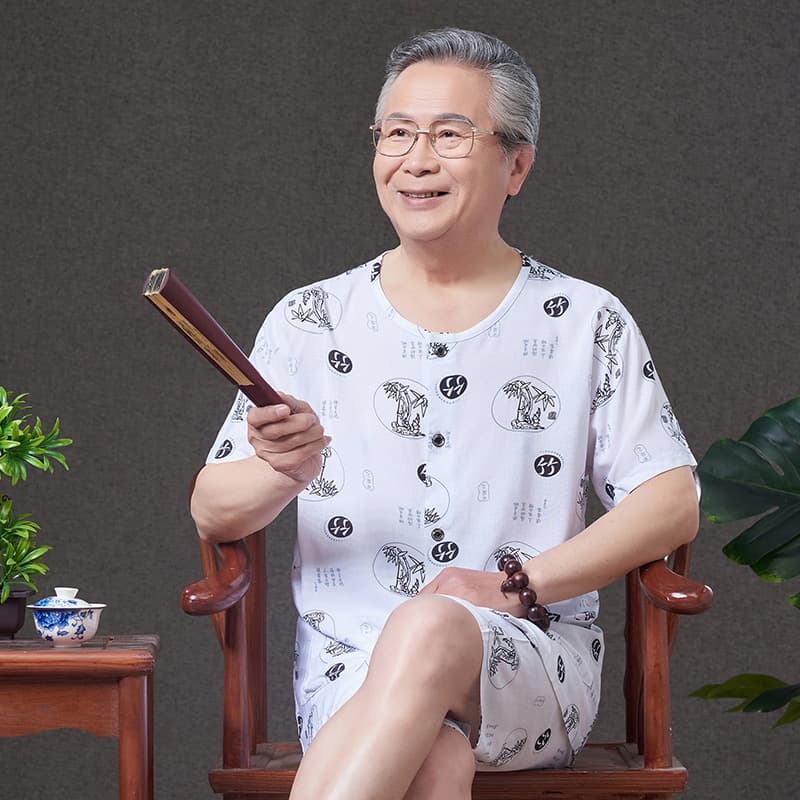 Summer: Middle-aged and elderly men's cotton pajamas, dad's cotton loungewear, grandpa's rayon cotton cardigan, set of cotton cardigans