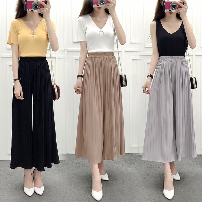 Women's Pleated Wide Leg Pants Spring Summer Loose Chiffon Casual Flared Nine Point High Waist Pants Korean Style