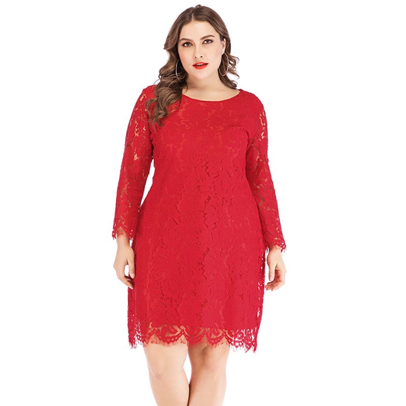 Plus Size Lace Dress 2020 Summer Long Sleeve Short Dress Red Hollow Flower Women's Clothing Elegant Extra Large