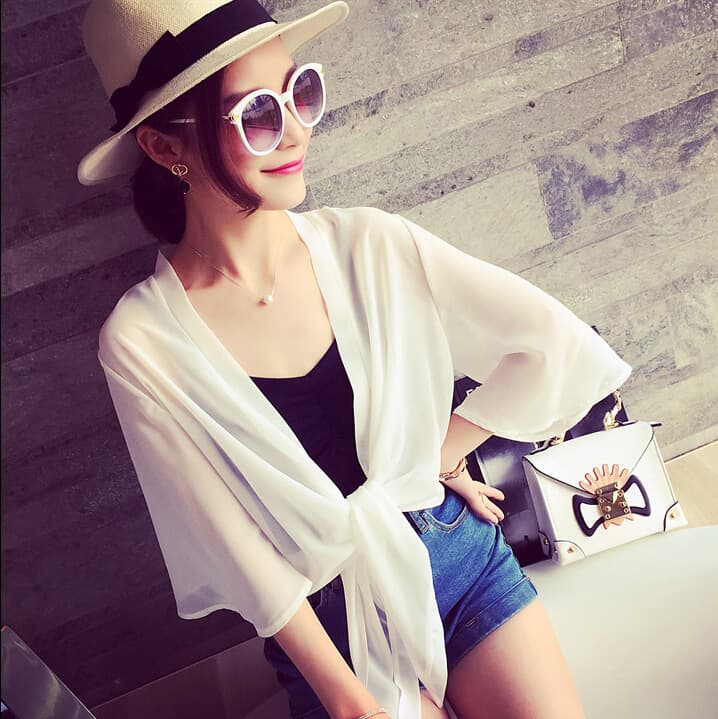 2024 Chiffon Sleeveless Vest Women's Summer Cropped Shoulder Cardigan Ultra-thin Versatile Beachwear Anti-ultraviolet