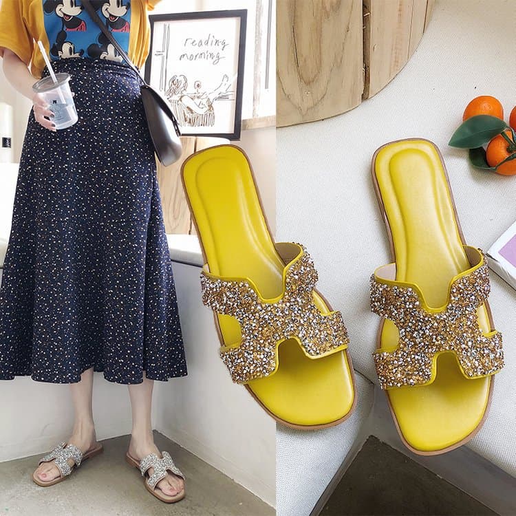 Summer new women's shoes student flat soft bottom bright diamond women's slippers Korean style fashionable women's slippers