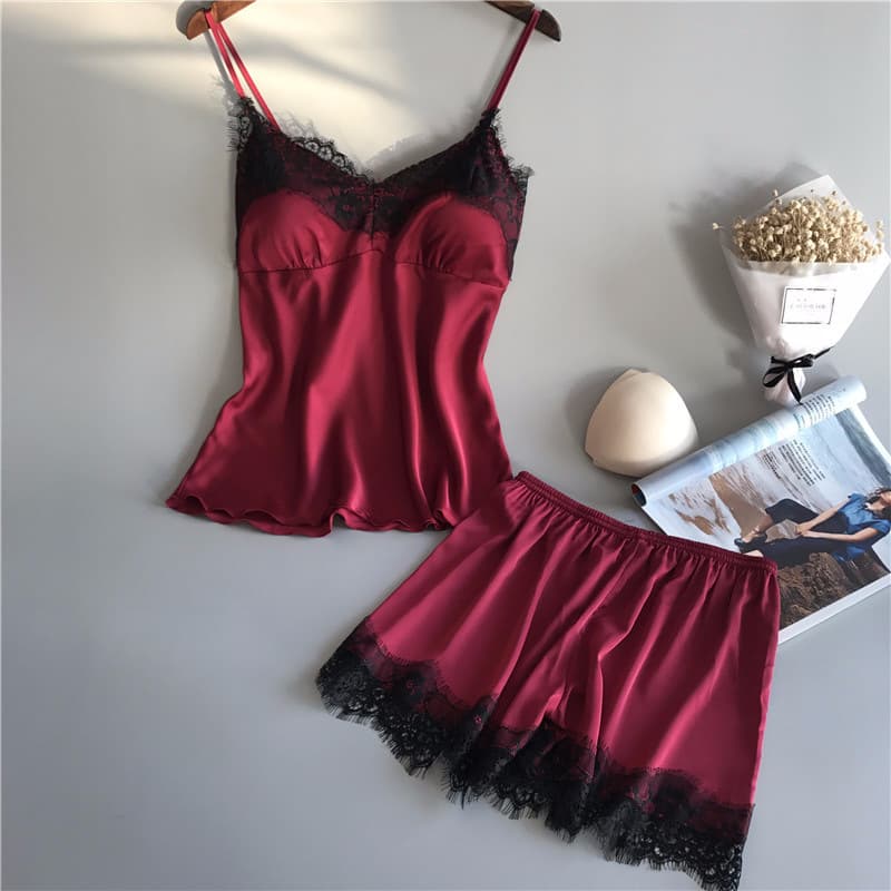 Women's Summer Sexy Ice Silk Two-Piece Pajama Set Silk Loungewear Push-Up Plus Size Thin Shorts