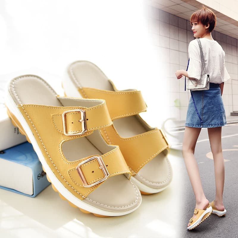 Cross-Border Summer New Women's Sandals Slippers Wedge Heel Cowhide Leather Student Beach Sandals Platform