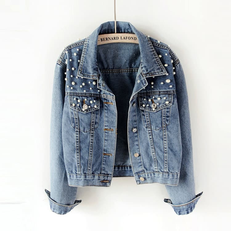 AliExpress Amazon Explosions wish New Beaded Denim Jacket Women's All-match Pearl Loose Slim Top