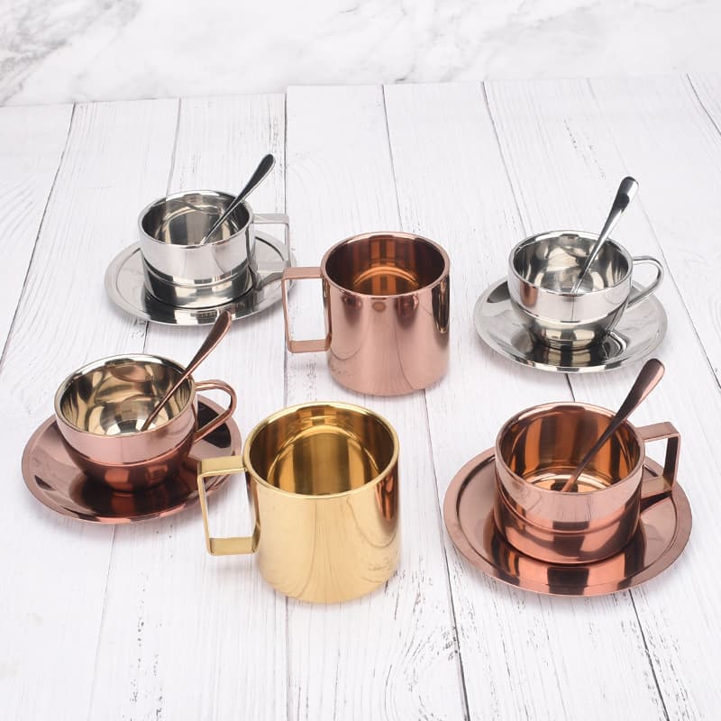 Wholesale Home European Style 304 Stainless Steel Coffee Cup Set with Saucer Painted Double Layer Creative Mug with Lid