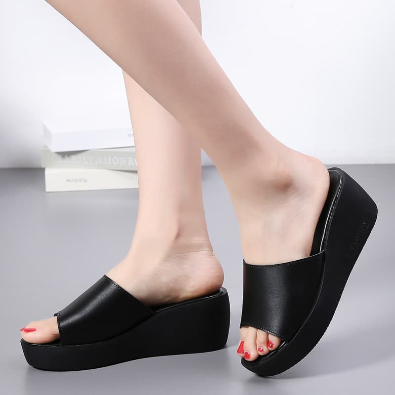 Women's Cross-Border Spring/Summer Wedge Sandals, Cowhide One-Strap Sandals, Elevated Thick-Soled Fish-Mouth Slippers, Lightweight