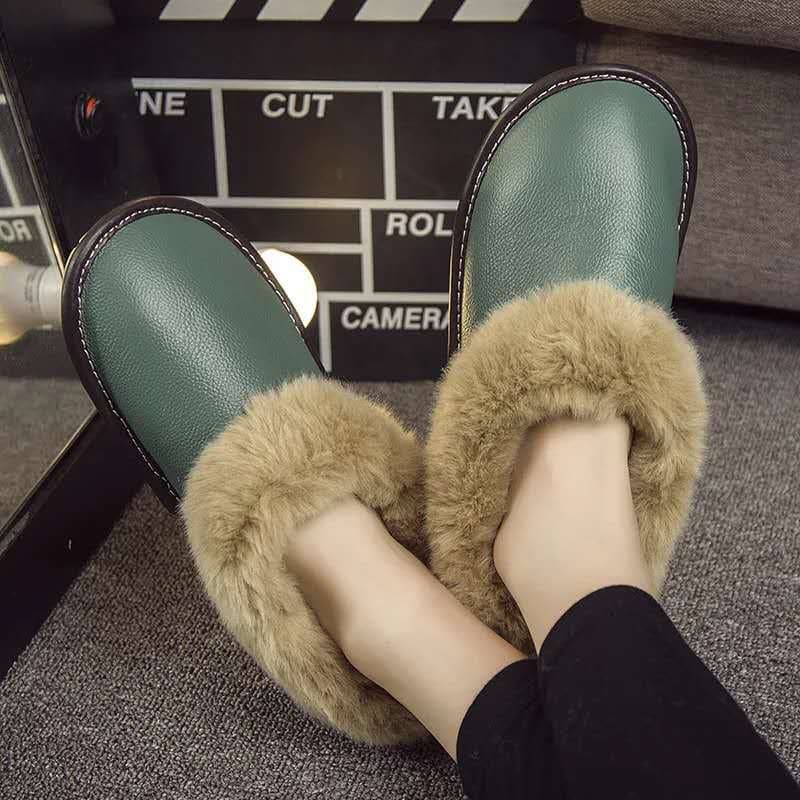 Winter cotton slippers for men and women, genuine leather and fur slippers, non-slip, waterproof, closed-heel warm shoes, wholesale.
