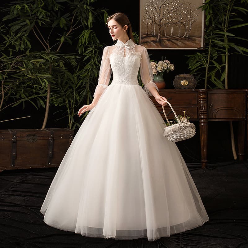 Manufacturer Wholesale Wedding Dresses 2026 New Style Stand Collar Slim Fit Light Tulle Bride Plus Size Studio Wedding Dress H19