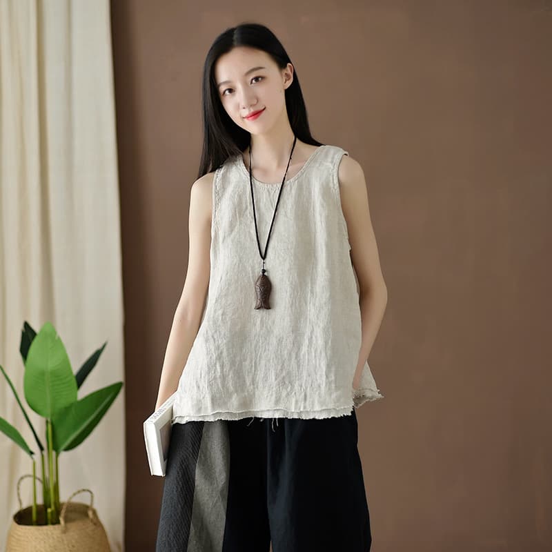 2026 Summer New Cotton Linen Women's Artistic Retro Raw Edge Camisole Top Women's Layering Vest