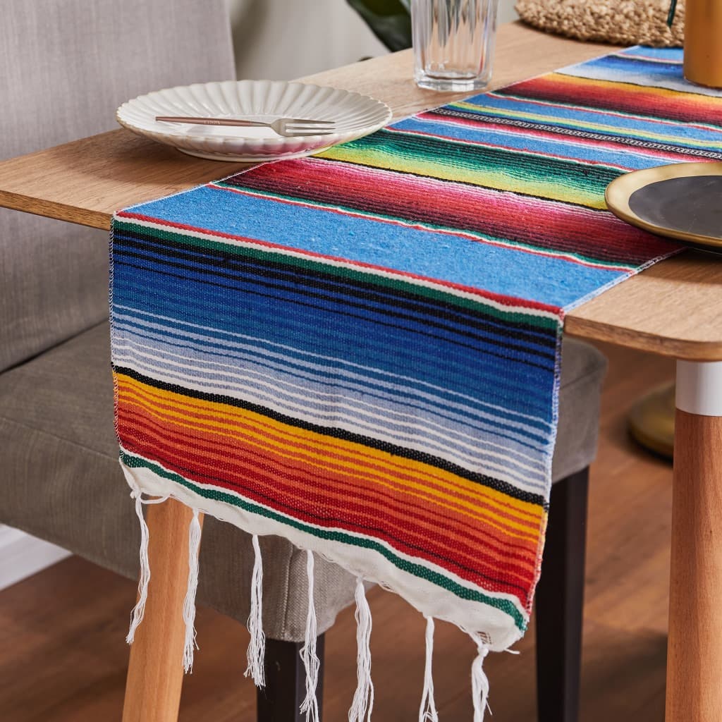 Ins Rainbow Blanket Style Woven Cotton Blanket, Colorful Striped Blanket with Fringe, Indigenous Mexican Table Runner