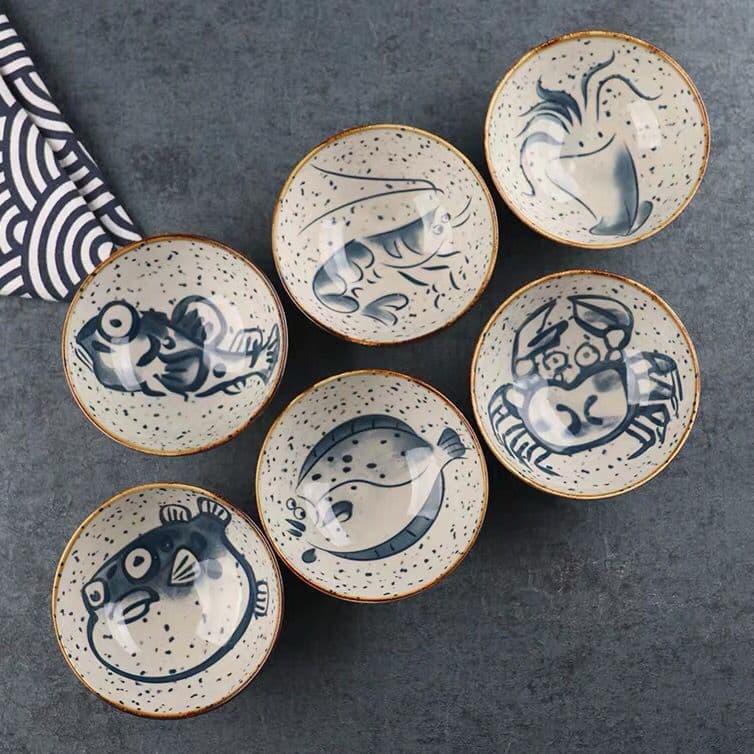 Japanese Style Ceramic Tableware Cartoon Retro Sesame Dot Rice Bowl Home Cool Good-looking Creative 6-bowl Set