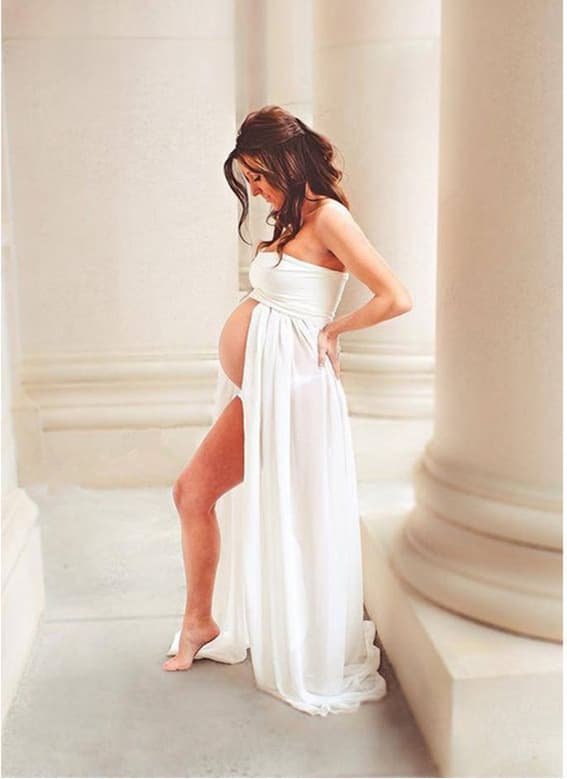 6010 European and American Women's Solid Color Tube Top Chiffon Stitching Front Slit Maternity Jumpsuit Mop Dress In Stock