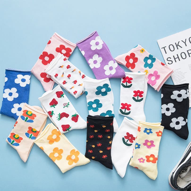 New Hyuna-style Rolled Hem Floral Mid-Calf Socks Cute Girls Short Socks Ins Sports Casual Cotton Socks Wholesale Moisture-Wicking