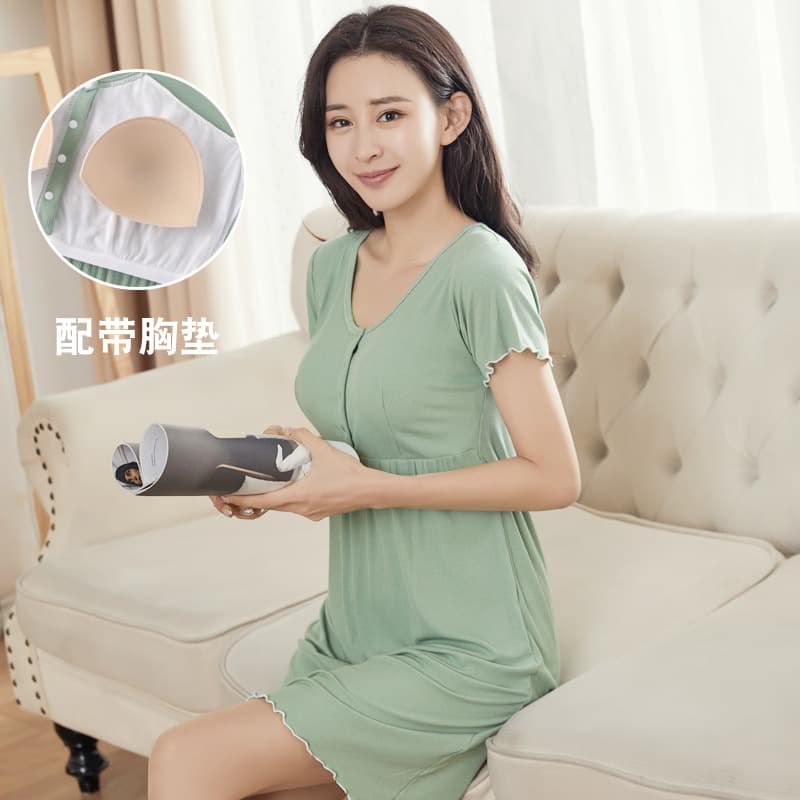New ribbed maternity dress, thin round neck, short sleeve, nursing dress, plus size casual nightgown, postpartum bra-free.