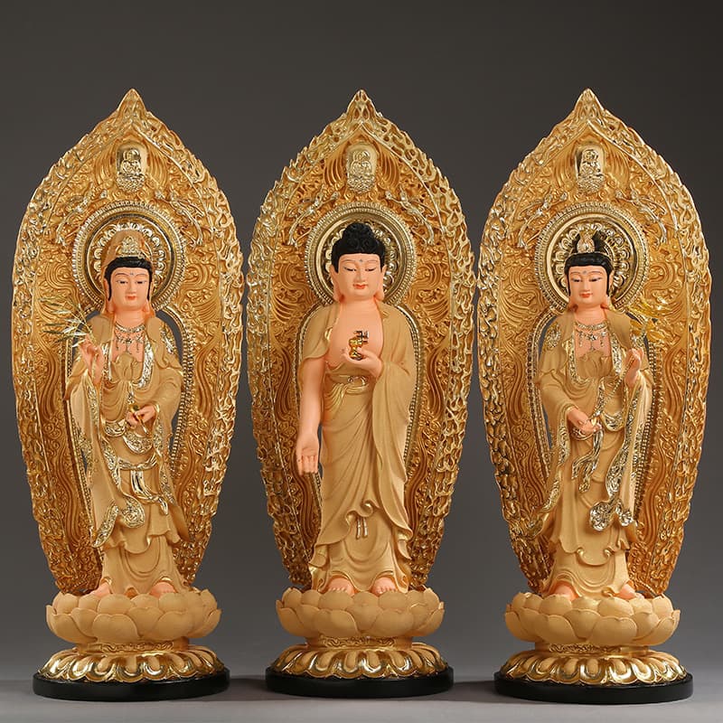 Home Worship Western Three Saints Resin Buddha Standing Statue Western Three Saints Ornament Sand Gold with Halo Three Saints