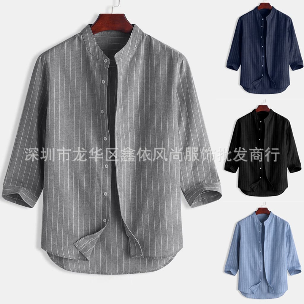 European/American New Stripe Youth Linen Short-sleeve Men's Shirt Fresh and Artistic Style