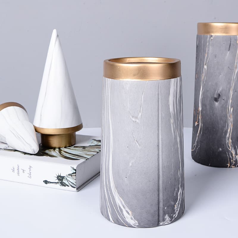 Luxury Gold Rim Straight Cylinder Marble Ceramic Vase High-End Stone Grain Flower Arrangement Home Decoration Kitchen Chopstick Holder