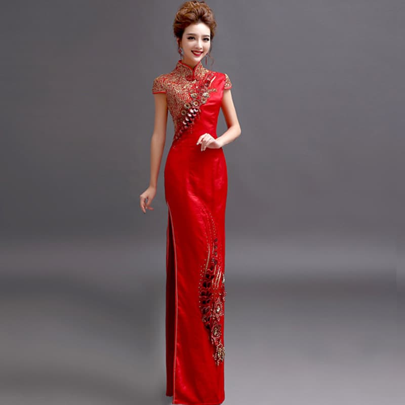 2022 Gold Lace Flower Bridal Wedding Toast Dress Red Cheongsam Wedding Performance Outfit