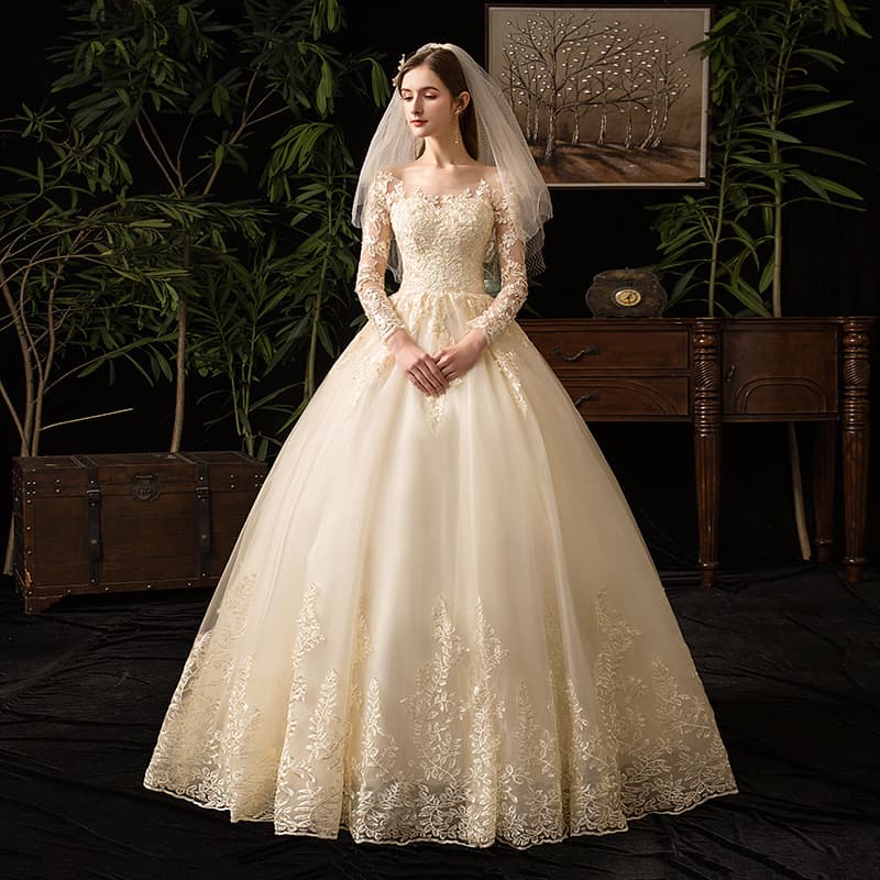 Wholesale main wedding dress foreign trade dress 2026 new temperament fashionable lace long-sleeved bridal wedding dress large size D50