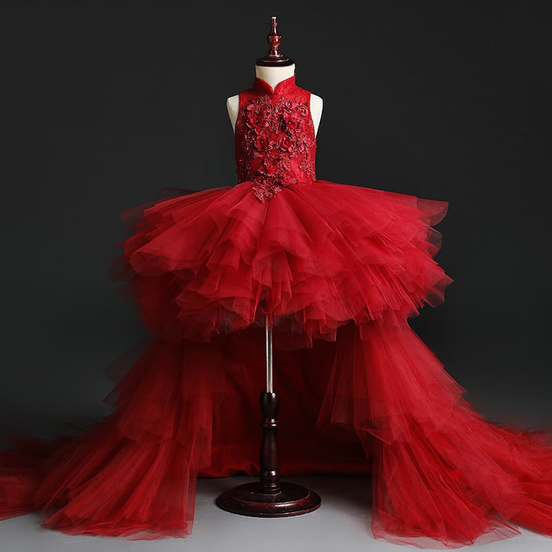 Flower Girl Dress Children Wedding Dress Princess Tutu Tulle Model Runway Train Fashion Red Evening Gown