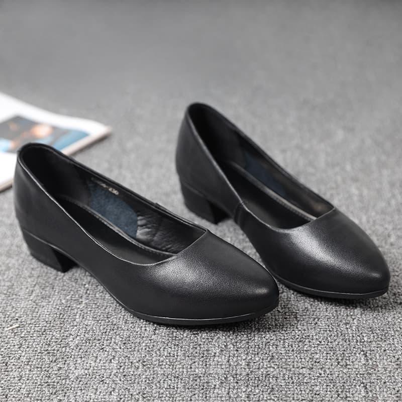 2026 Spring Soft-soled Pointed Toe Work Shoes for Women Black Thick Heel Pump Shoes Stewardess Professional Work Shoes for Women