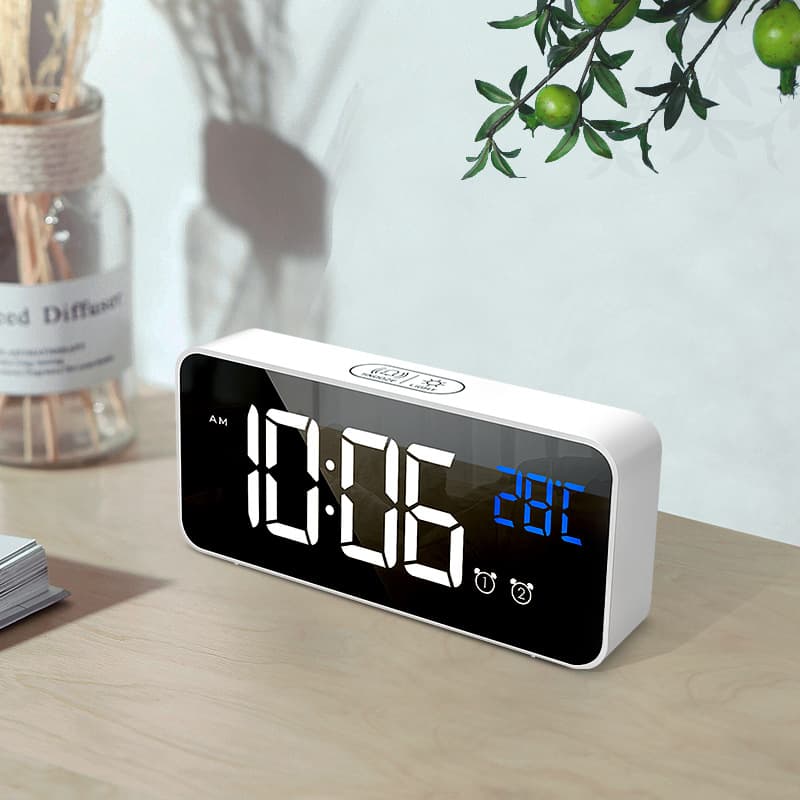 New Home USB Charging Digital Display LED Mirror Alarm Clock, Voice Control Snooze Silent Smart Small Alarm