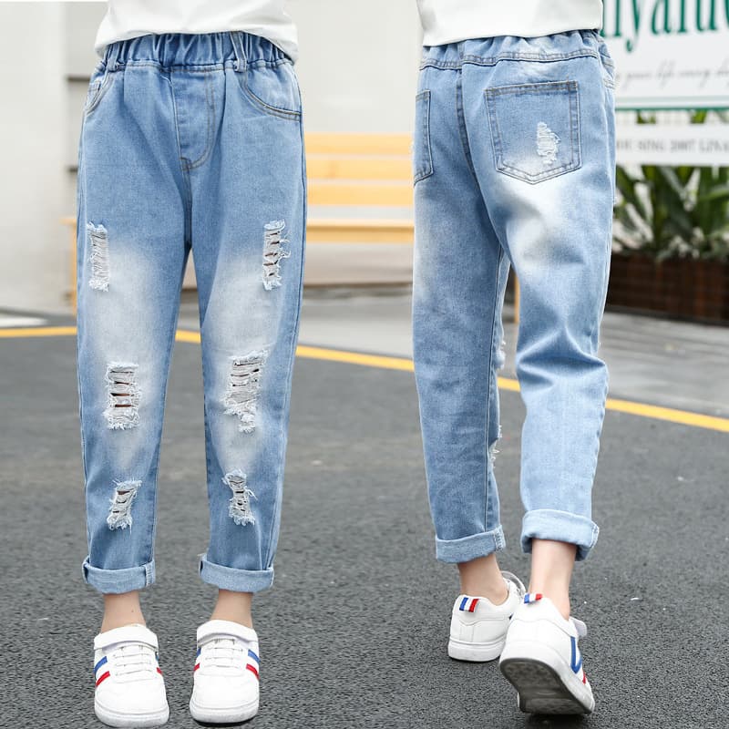 Cross-border wholesale children's clothing girls jeans spring 2025 spring medium and large children long pants ripped pants kids pants trendy
