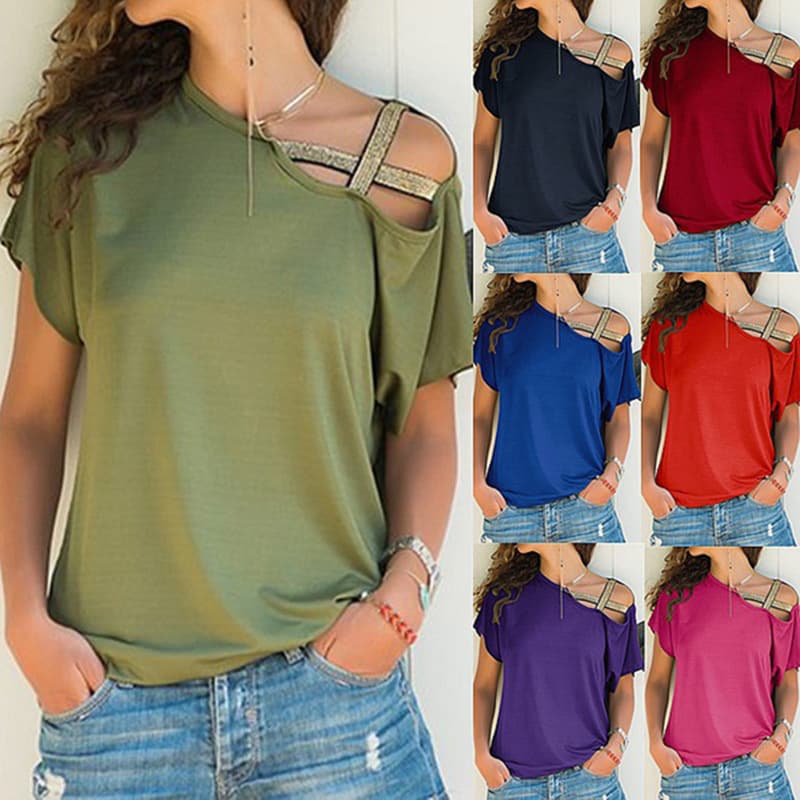 2023Wish Amazon Ebay Spring and Summer Hot Selling European and American Casual Sloping Shoulder Cross Asymmetrical Short-Sleeved T-Shirt for Women