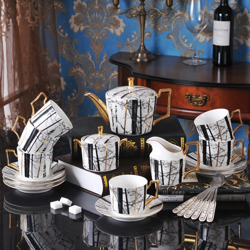 European Luxury 15-Piece Gold Rim Coffee Cup and Saucer Set Ceramic Home Afternoon Tea Coffee Set with Milk Jug and Sugar Bowl