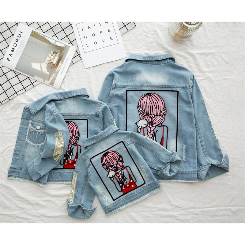 Children's Rhinestone Sequin Ripped Denim Jacket for Girls, Cowboy Style Coat