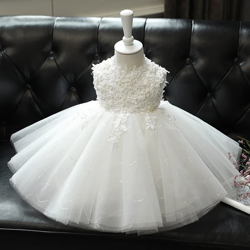 Baby Girl's First Birthday Princess Dress White Toddler Runway Piano Performance Outfit Flower Girl Tutu Tulle Skirt
