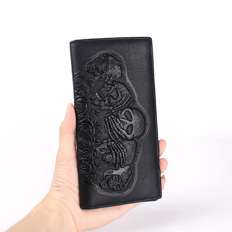 Long Men's Cowhide Wallet Business Suit Handbag Rose Skull Punk Lychee Pattern Rock Wallet