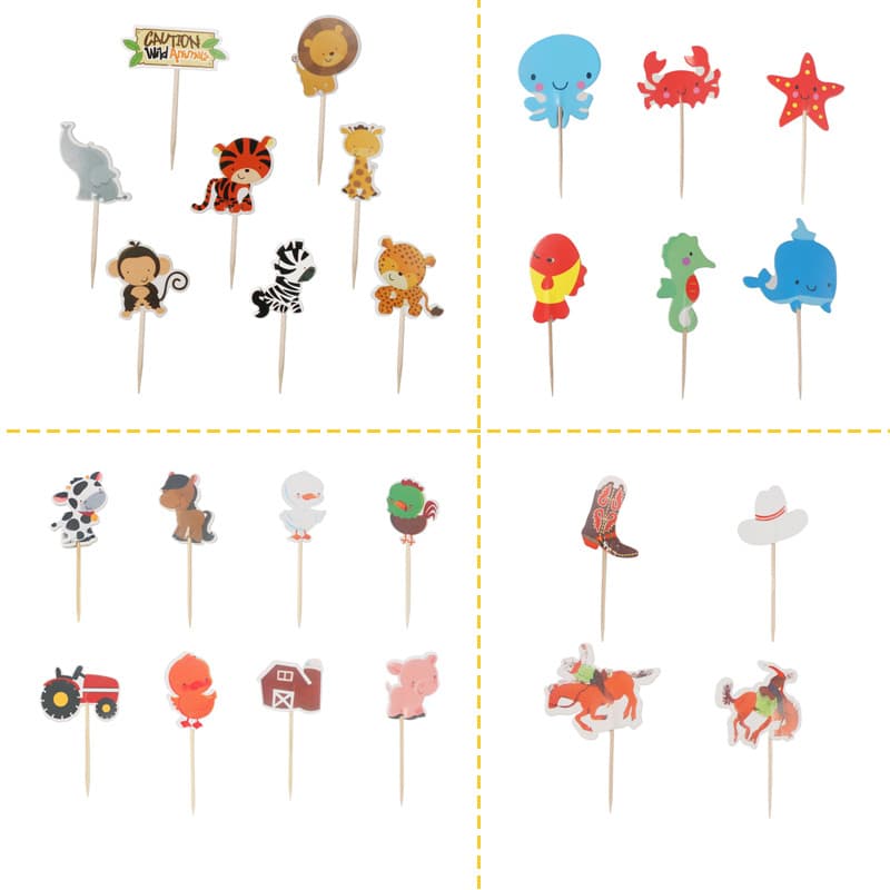 Cartoon Zoo Western Cowboy Cake Topper Picks Toothpick Insert Children's Birthday Cake Baking Supplies 24/Pack
