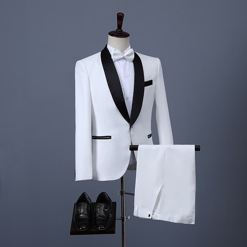Suit Set for Men Korean Style Slim Fit White Professional Best Man Groom Tuxedo with Bow Tie Formal Wear