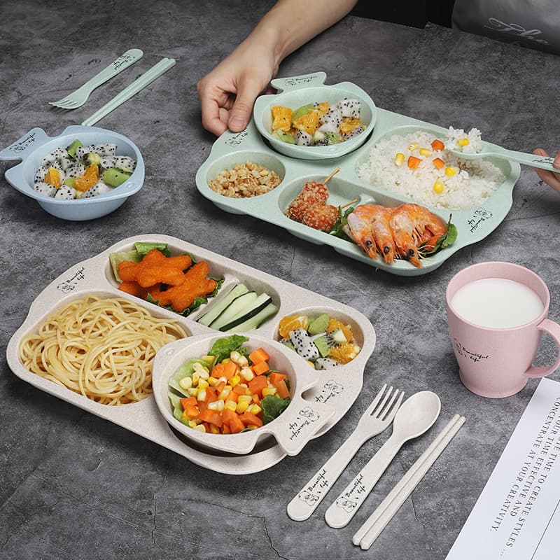Plastic Divided Wheat Straw Meal Tray Student Anti-fall Home Use Bowl Cup Set Durable Dishware For Daily Use
