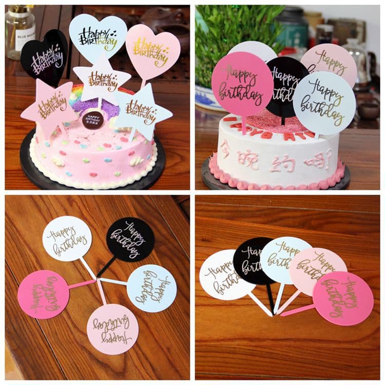 Wholesale Round Gold Foil Insert Flag Card Cake Decoration Baking Happy Birthday Party Acrylic Insert Sign