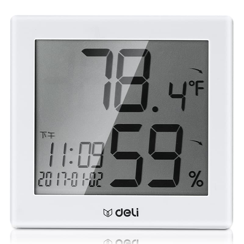 8813 Deli LCD Digital Thermometer Hygrometer with Time and Alarm Clock for Baby Room Indoor Temperature and Humidity Monitor
