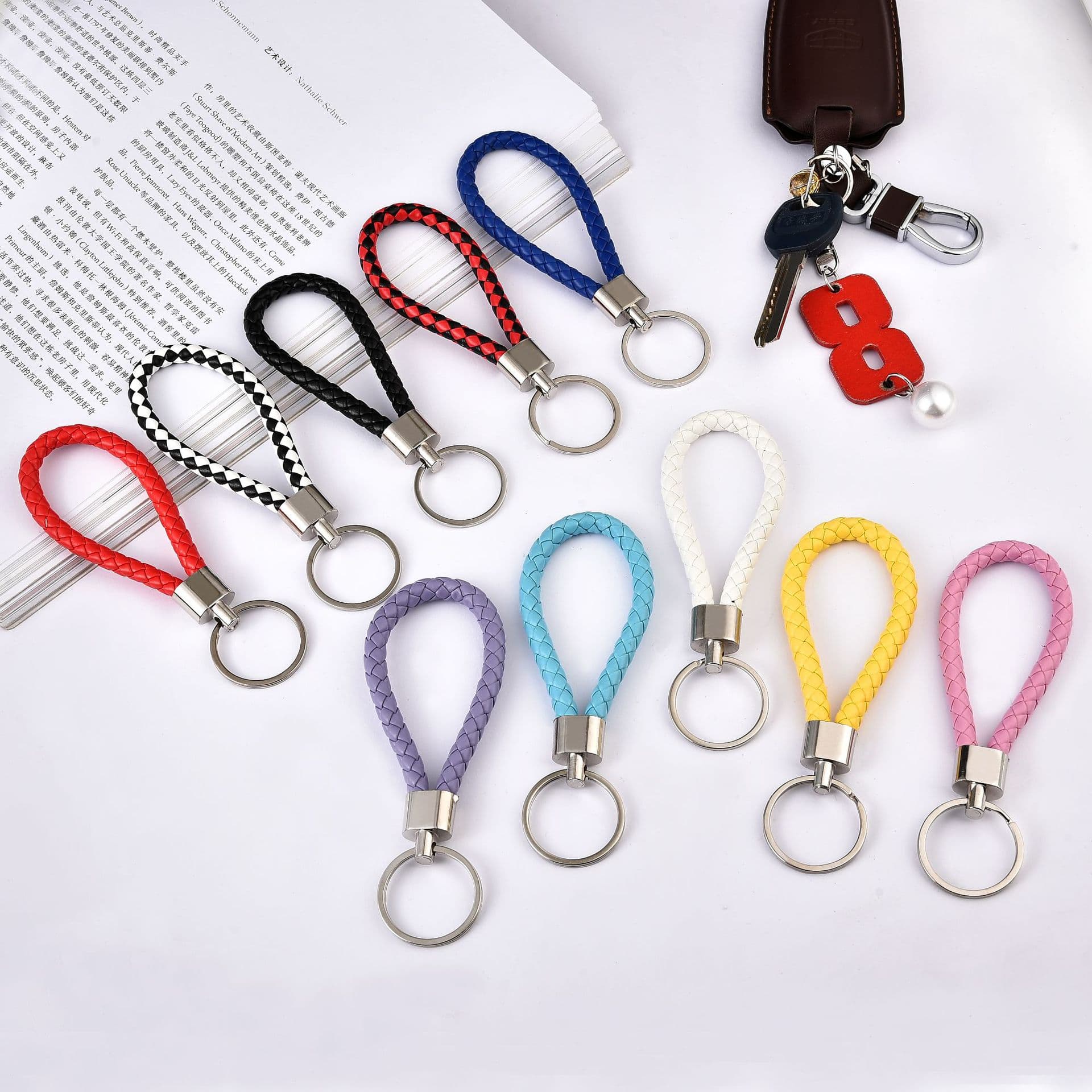 Woven PU Leather Keychain Accessories Car Keychain Bag Charm Braided Rope Keyring Handmade Knitted Key Holder Purse Decoration